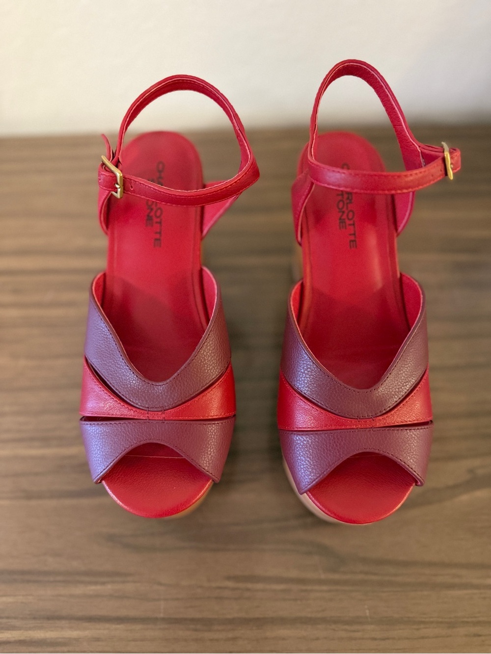 Charlotte Stone Two-Tone Red & Burgundy Platform Wedge Sandals - Picture 5 of 12